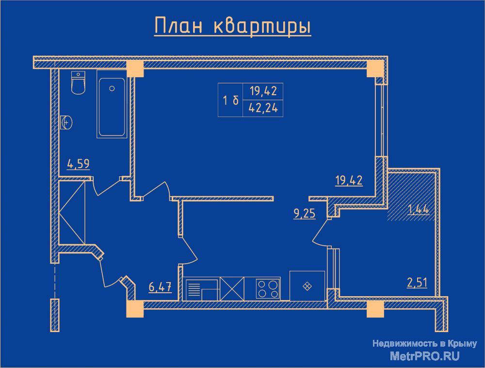 Продается 1-комнатная квартира 42,1 кв. м. на Артдивизионовской, 8 (Севастополь)  + Просторная кухня 10 кв.м   +...
