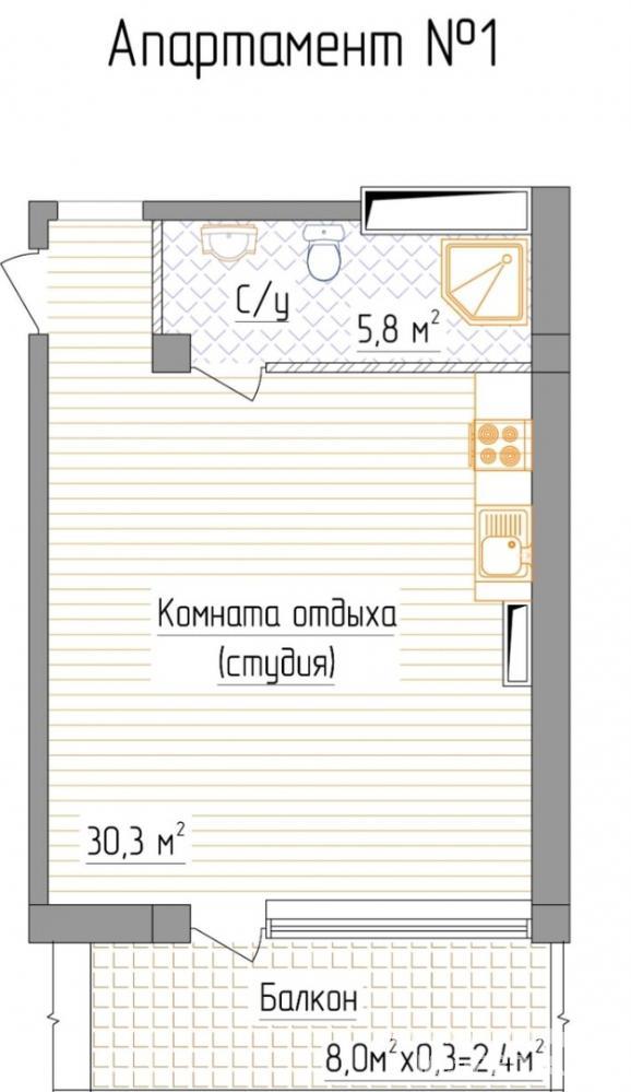 Продам апартамент квартирного типа на 3 этаже, 44 м2 с балконом и видом на море, в новом доме на берегу моря, бухте...