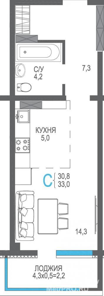 Квартира - студия в новом жилом комплексе 'ЯлтаПарк'. Классическая удобная планировка, общей площадью 33 кв.м, с... - 7